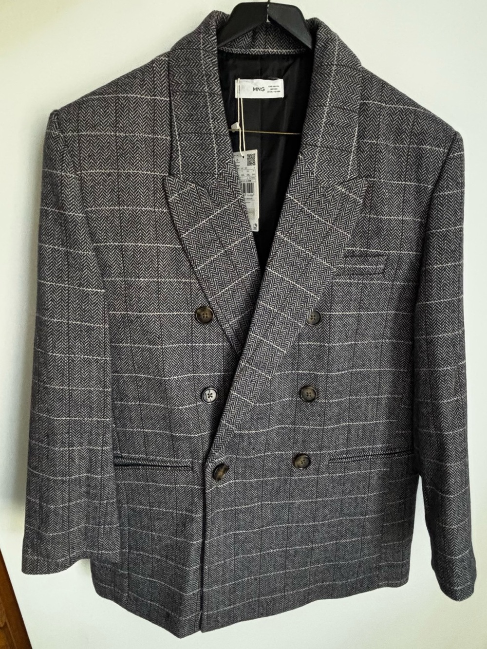 Mango Double-Breasted Wool Windowpane Gray Blazer sz XXL